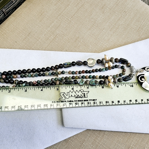 Mother of Pearl Gemstone and Abalone Bead Double-Strand Necklace with Pearls - Picture 14 of 15